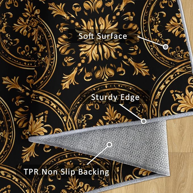 Black Gold Baroque Rug, Washable 4x5 Rug - Image 5