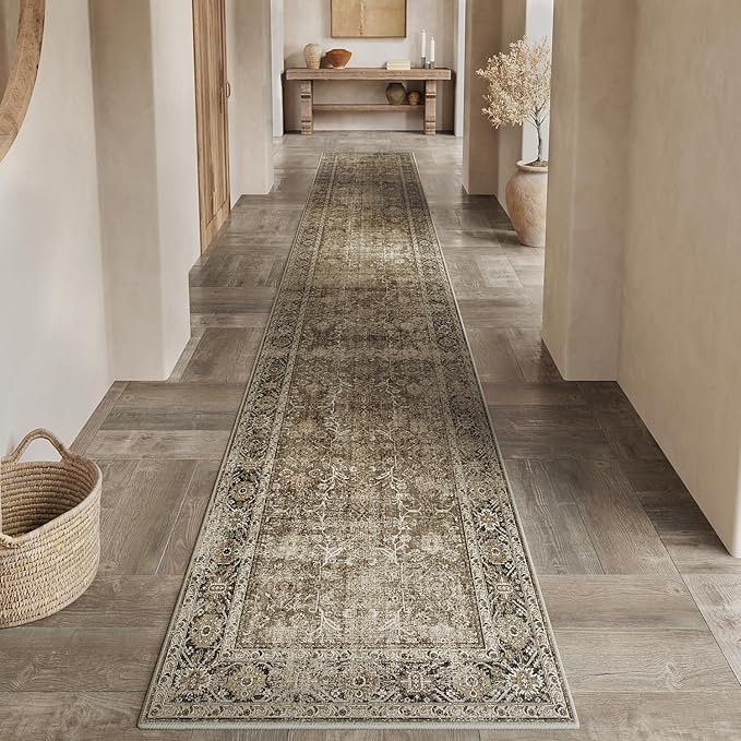Brown Runner Rug 3x10 Vintage Area Carpet Hallway Long Indoor Kitchen Washable by PureCozy