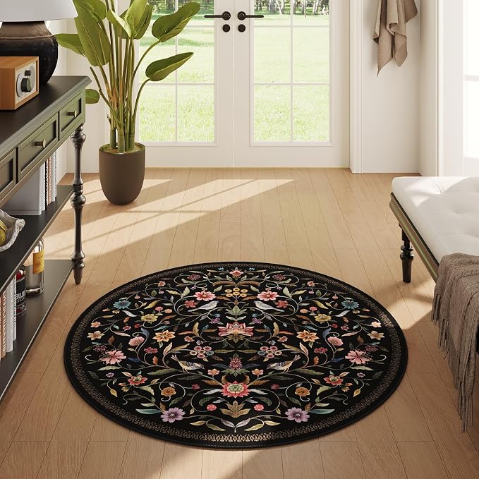 Vintage Medallion Floral Round Rug 4ft, Washable Circle Area Rug, Non-Slip Soft - Image 3