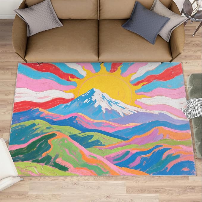 Boho Sun Area Rugs 6x8ft, Watercolor Mountain Living Room Area Rug, Abstraction by Unknown