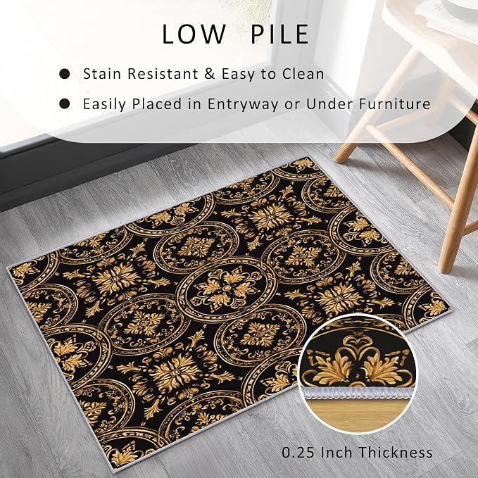 Black Gold Baroque Rug, Washable 4x5 Rug - Image 4