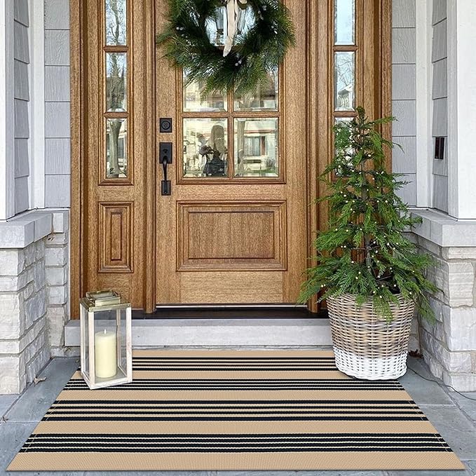 KOZYFLY Striped Front Door Mat 27.5x43 Inches Brown and Black Front Door Rug by KOZYFLY