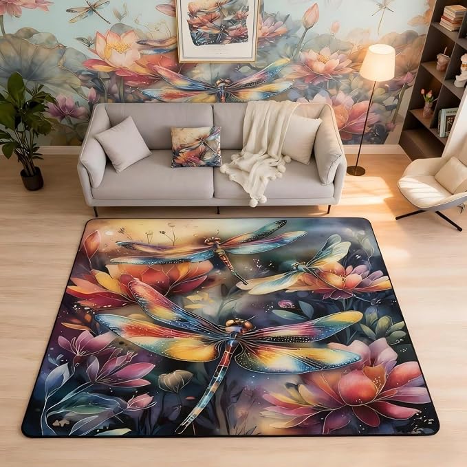 Dragonfly 5x7 Area Rug Colorful Flowers Living Room Rug | Watercolor Beetles - Image 4