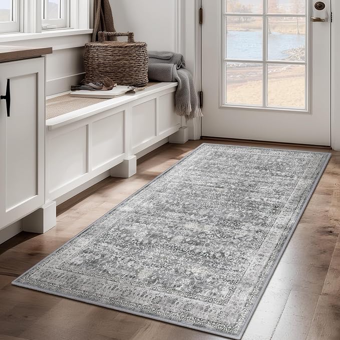 Grey Vintage 3x5 Entryway Rug Indoor Foyer, Neutral Gray Throw Rug by Jainmy