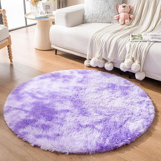 duduta Purple Plush Round Rug 4x4 ft, Tie Dye Fluffy Shag Rugs by Duduta