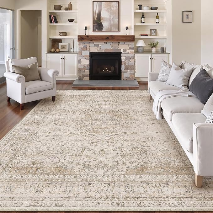 10x12 Beige Area Rug Vintage Living Room Bedroom Washable Carpet Non-Slip Soft by WondRg