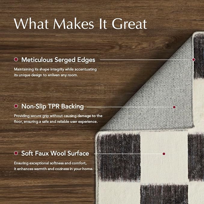EVERGRACE Checkered Plaid Area Rug 8x10, Soft Fuzzy Faux Wool Rugs Washable - Image 3