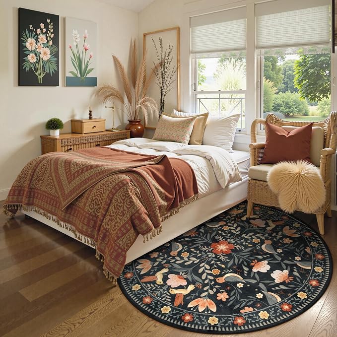Moynesa Floral Bird Round Rug 6ft Washable Circle Rug Non Slip, Modern - Image 4