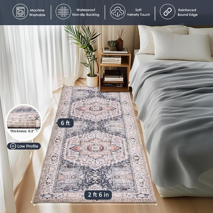 PURRUGS Vintage Farmhouse Boho Runner Rug 2'6" x 6', Non-Slip Machine Washable - Image 3
