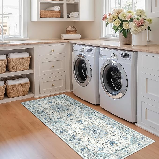 Area Rugs 2'x5' Washable Non-Slip, Floral Vintage Distress Print Pattern by RELEANY