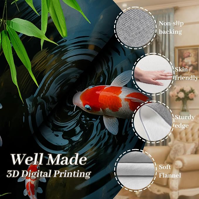 Pond Koi Fish Living Room Rug, Summer Greenery Moss Stream Indoor Decor Carpet - Image 4