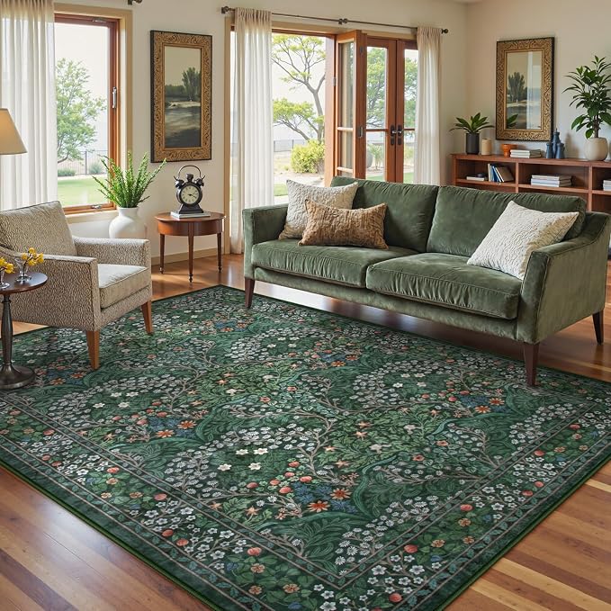 Lahome Floral Washable 6x9 Area Rugs, Soft Green Bedroom Rug by Lahome