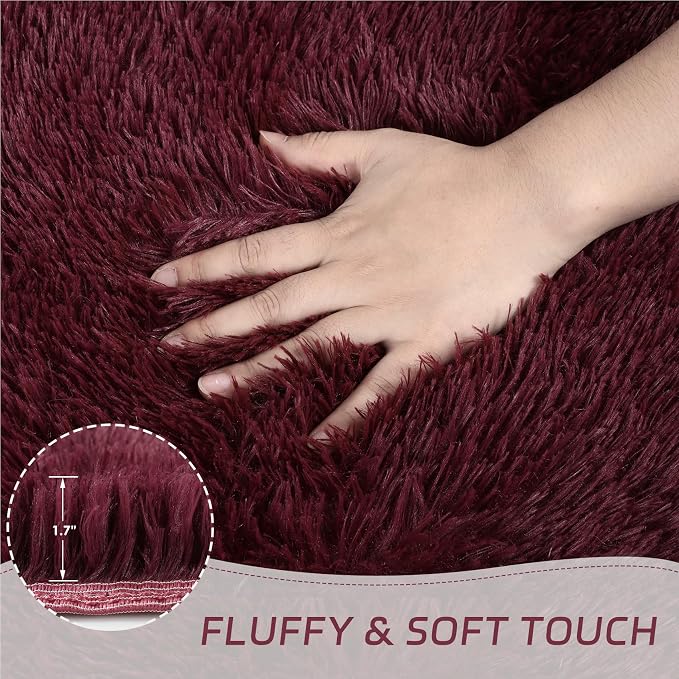 duduta Burgundy Plush Round Rug 4x4 ft, Fluffy Shag Rugs - Image 4