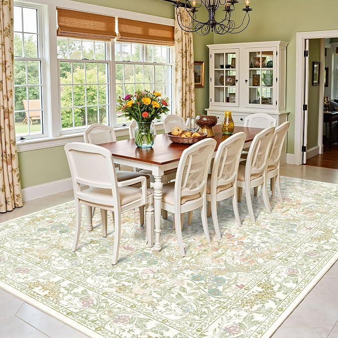 Floral Sage Green Washable Area Rugs 9x12 - Image 2