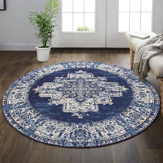 vivorug Round Rug 5ft Vintage Round Area Rug Non-Slip Indoor Carpet - Image 2