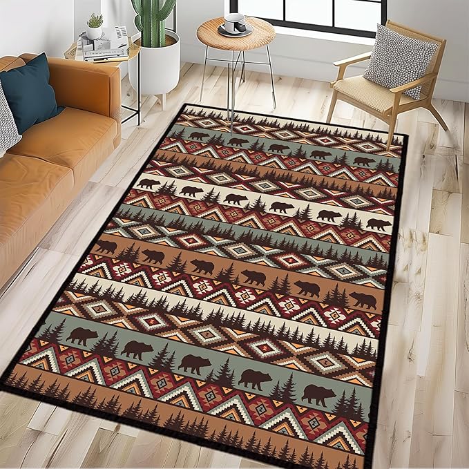 Rustic Cabin Wildlife Area Rug 5x7 Living Room Rug, Bear Moose Deer Country by KENADVI