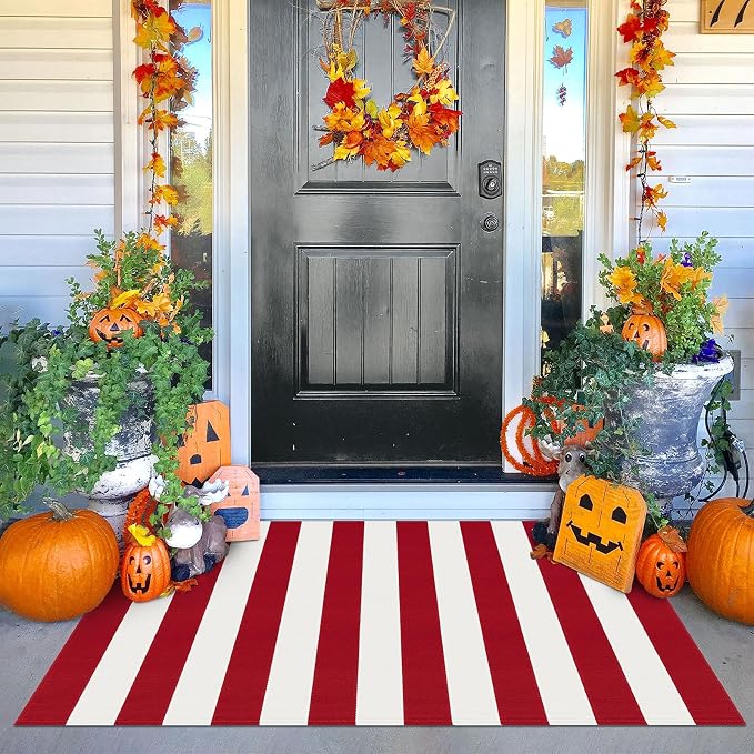KOZYFLY Red White Striped Outdoor Rug 3x5 Ft Woven Christmas Area Rug Washable by KOZYFLY