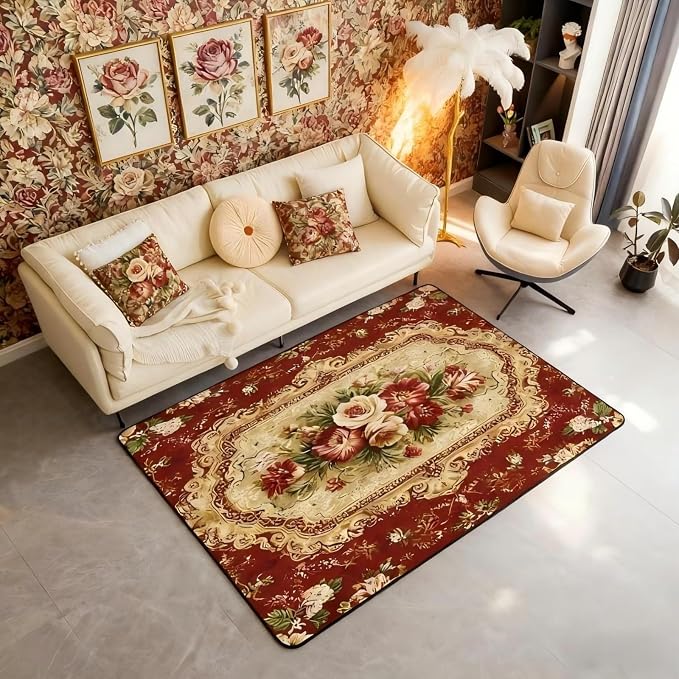 Elegant Red Floral 3 x 5 Area Rug Gold Geometric Rugs by Erosebridal