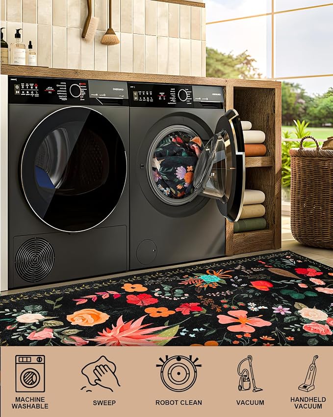 Boho Washable Area Rug 4x6 – Floral Low Pile Non-Slip Carpet - Image 4
