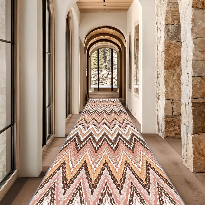 Brown Pink White Wave Runner Rug, 3x10ft Soft Tone Hallway Decor Carpet - Image 4