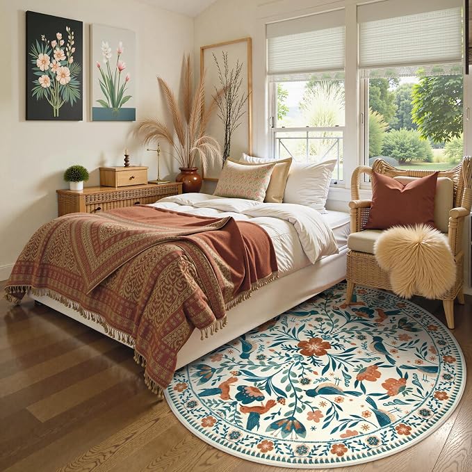 Moynesa Floral Bird Round Rug 6ft Washable Circle Rug Non Slip, Modern Bohemian - Image 4