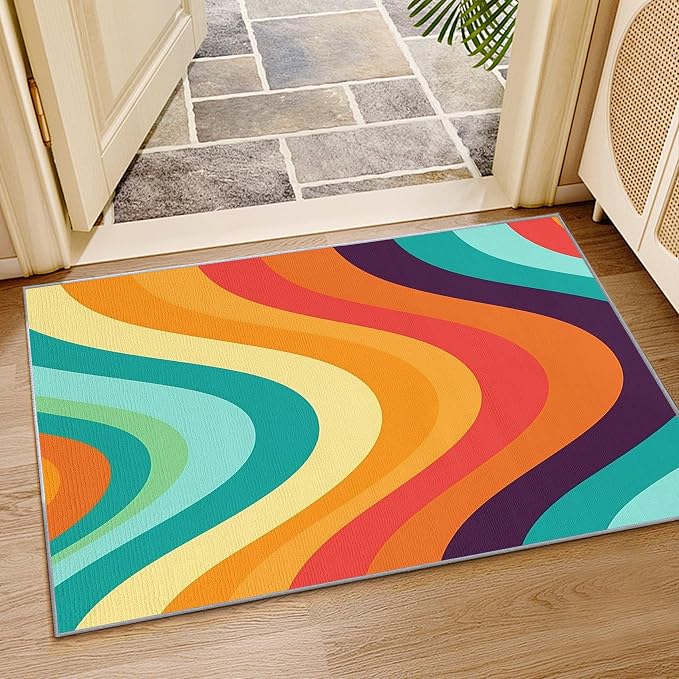 Retro Rugs for Living Room 70s -Abstract Wave Rug, 4x5 ft, Colorful Rainbow - Image 4