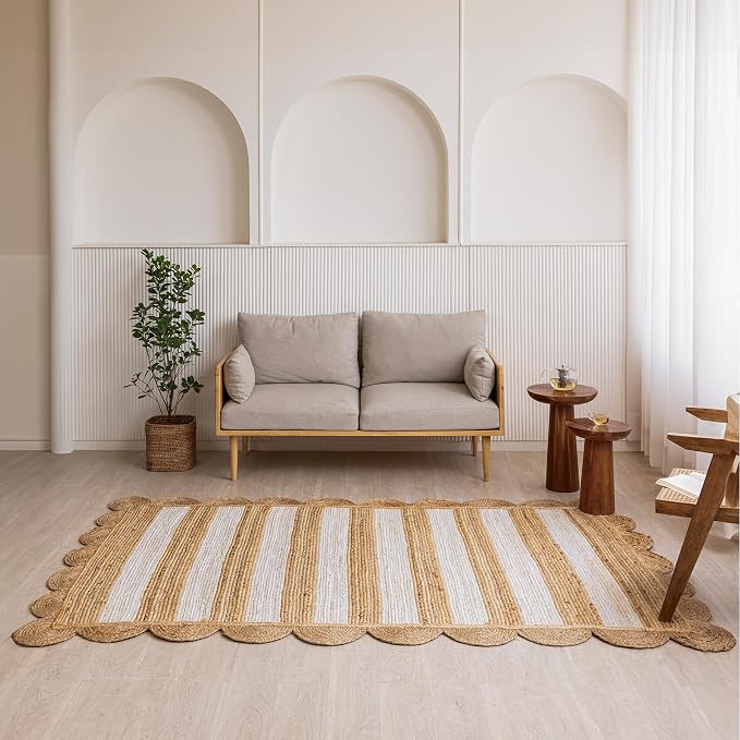 HOMEMONDE Scalloped Jute Area Rug 8'x10' Natural Stripe - Image 2