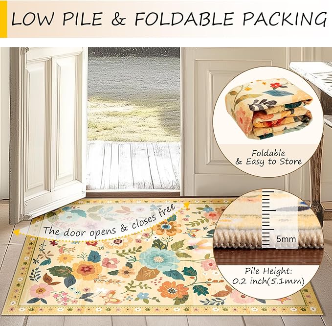 Floral 4ft Area Rug Machine Washable Soft Print Boho Carpet Non Slip Doormat - Image 5