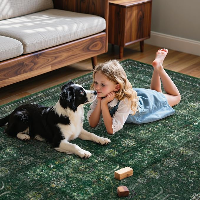 Moynesa Green 8x10 Living Room Rug, Vintage Washable Area Rug - Image 2