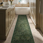 Dark Green 2'6''x8' Kitchen Runner Rug, Retro Distressed Moody Medallion Runners - Image 3