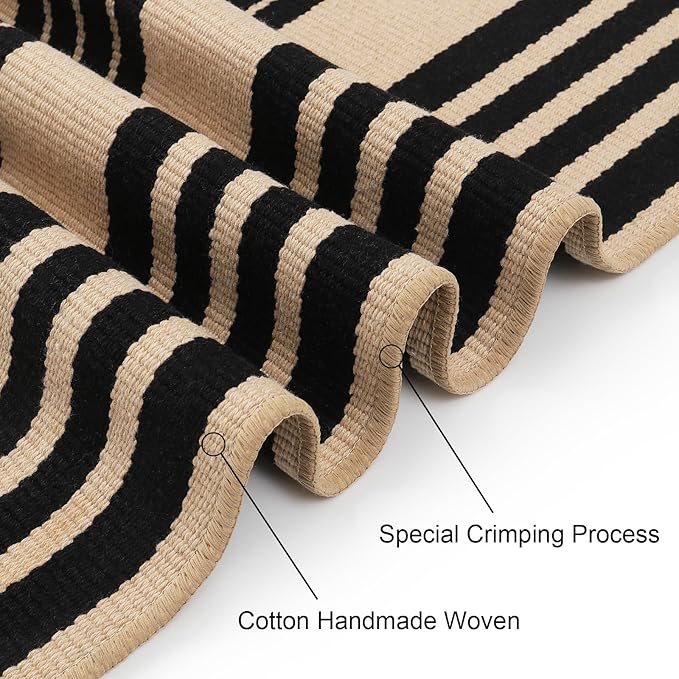 Black and Khaki Striped Rugs 3x5, Outdoor Cotton Hand Woven Front Door Mat - Image 3