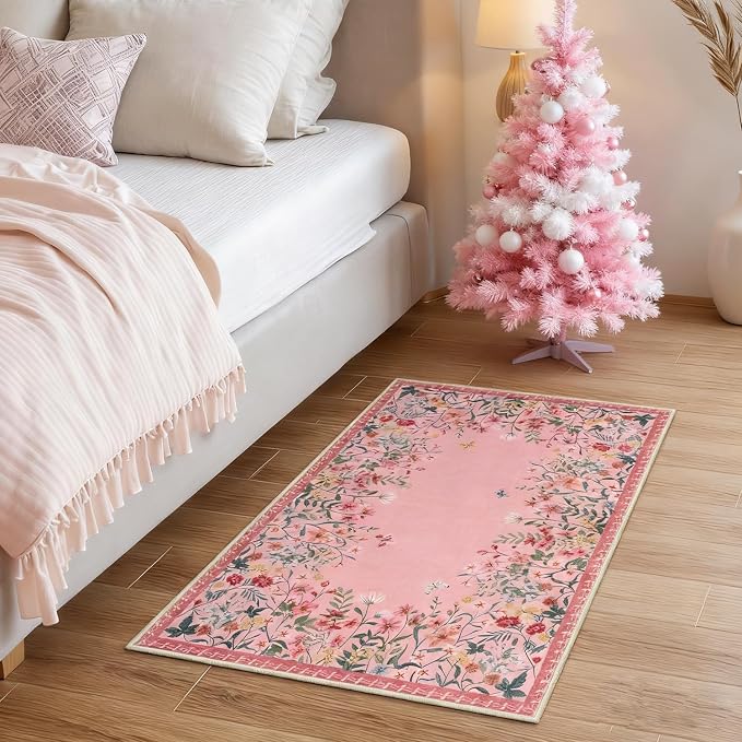 Wonnitar 2x3 Pink Bathroom Rugs Non Slip Washable, Floral Small Area Rugs - Image 2