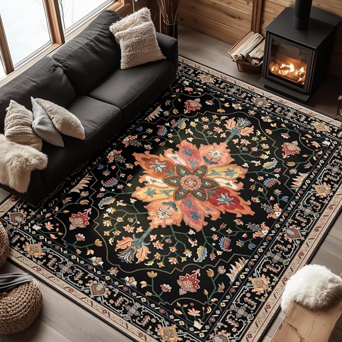 Area Rugs 7'x9' Washable Non-Slip, Floral Vintage Distress Print Pattern by RELEANY