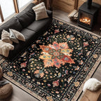 Area Rugs 7'x9' Washable Non-Slip, Floral Vintage Distress Print Pattern by RELEANY