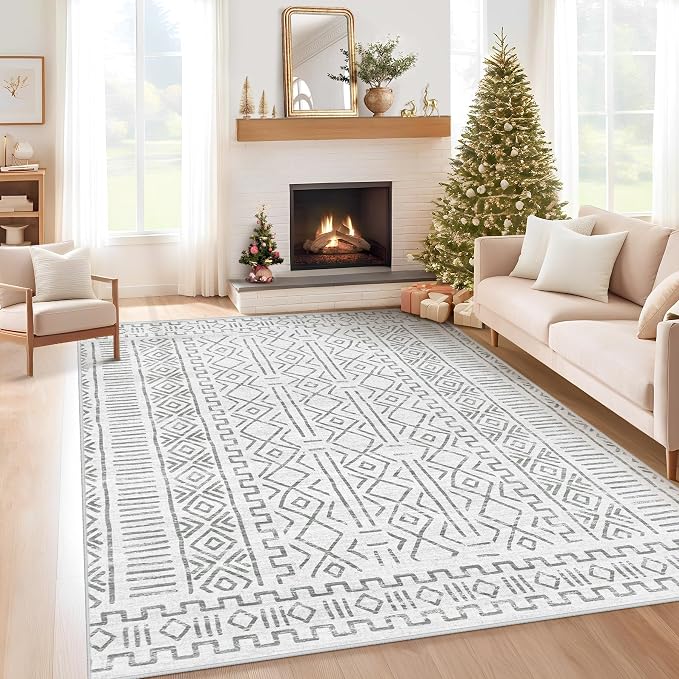 5x7 Area Rug Living Room: Washable Boho Geometric Moroccan Rug Neutral Modern by pmtsns