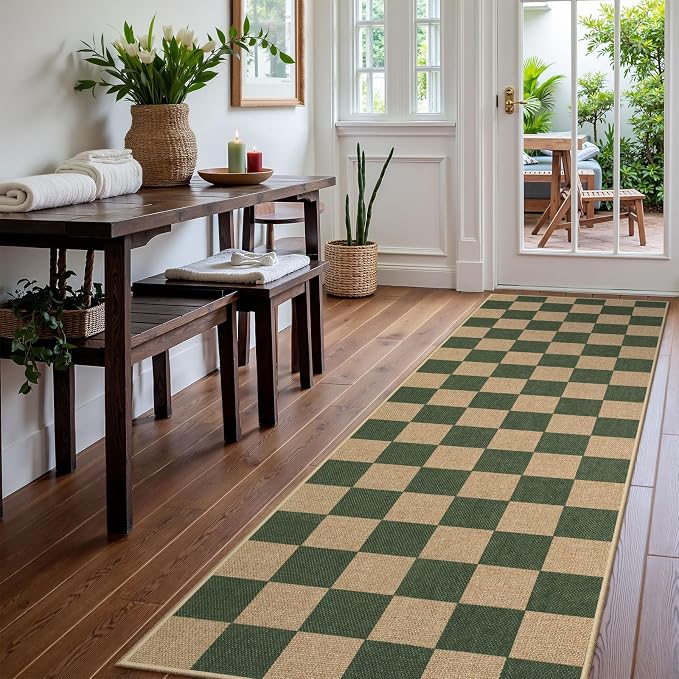 Lahome Checkered Outdoor Runner Rug, 2x8 Green Kitchen Runner Rugs - Image 2