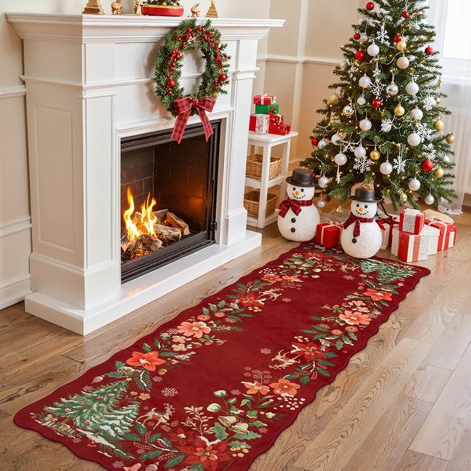 Lahome Floral Christmas Runner Rug, 2x6 Red Christmas Rug Runner Non Slip by Lahome