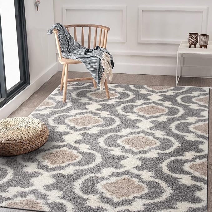 Rugshop Cozy Moroccan Trellis Indoor Shag Area Rug 6'6"X 9' Gray/Cream - Image 7