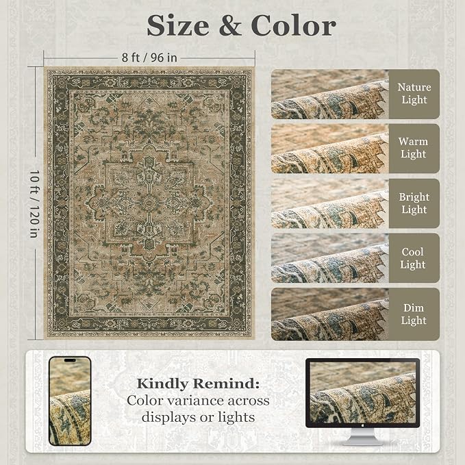 Vintage Distressed 8x10 Rugs for Living Room Bedroom, Washable Non Slip Dining - Image 2