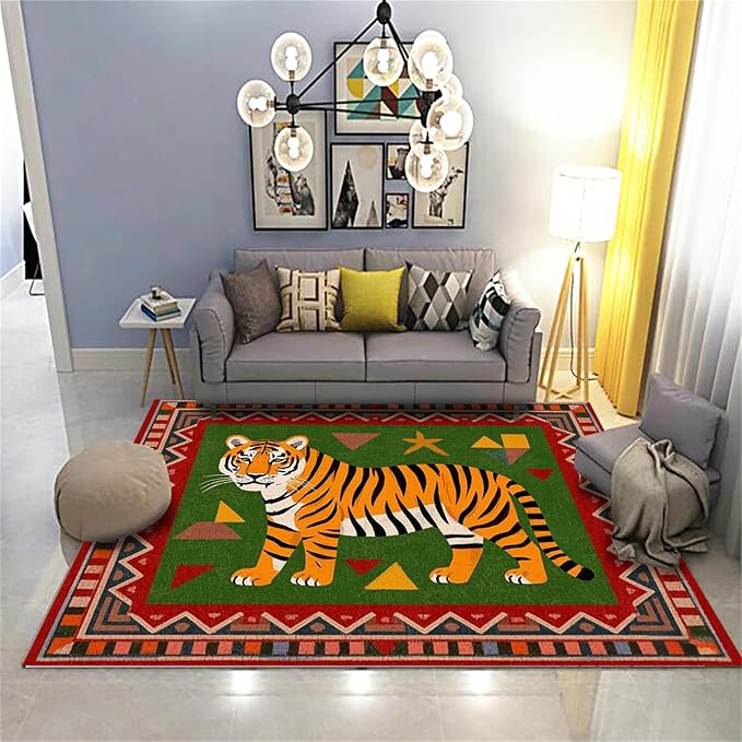 Colorful Tiger Pattern Area Rug, Stylish Geometric Border Tiger Rug, Add Unique - Image 2