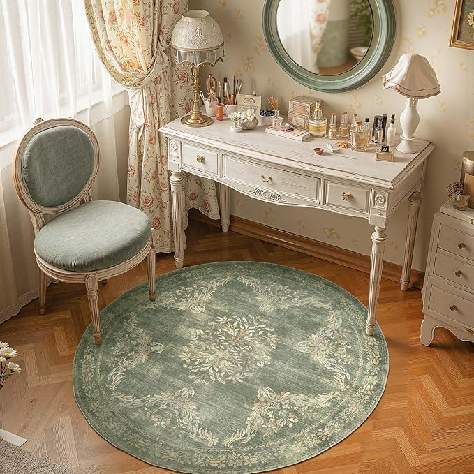 jinchan Round Rug 5ft Area Rugs Vintage Floral Distressed Design, Machine - Image 9