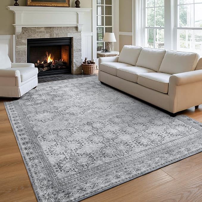 6x9 Washable Area Rug Non Slip, Faded Grey Living Room Rugs Low Pile, Thin - Image 9