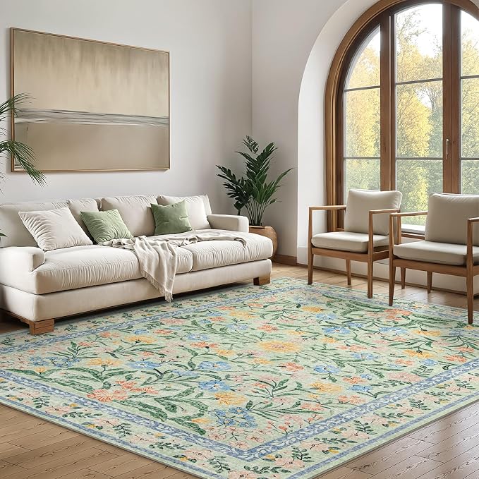 Wonnitar Machine Washable Area Rugs 9x12, Soft Sage Green Floral Rug - Image 7