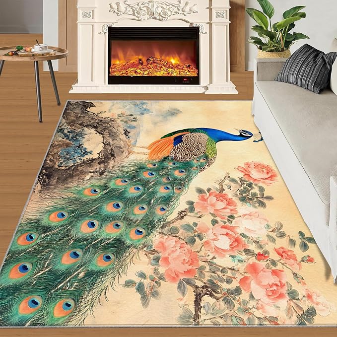 Peacock Peony Flower Area Rug 6x8-6x8 Rug, Classic Peacock Peony Rugs - Image 3