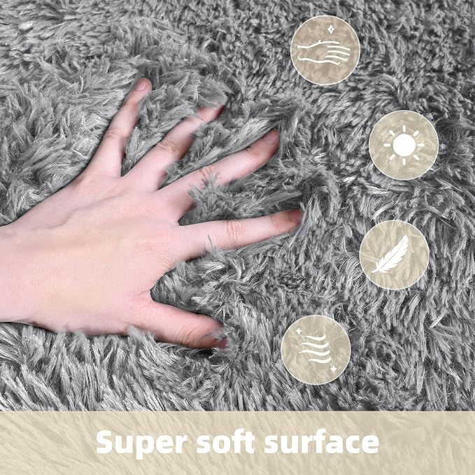 6x9 Solid Fluffy Grey Area Rug – Washable, Large Living Room Rug, Non-Slip High - Image 3