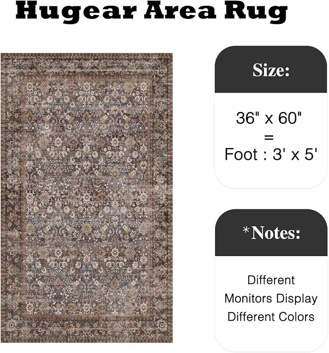 HUGEAR 3x5 Machine Washable Rugs Tradition Brown Hallway Area Rug Indoor Accent - Image 2
