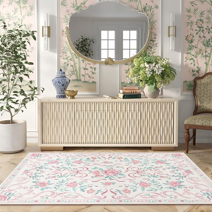 Pink Rug Bow Floral Rug 3x5, Washable Boho Area Rugs Non Slip Low Pile Carpet - Image 3