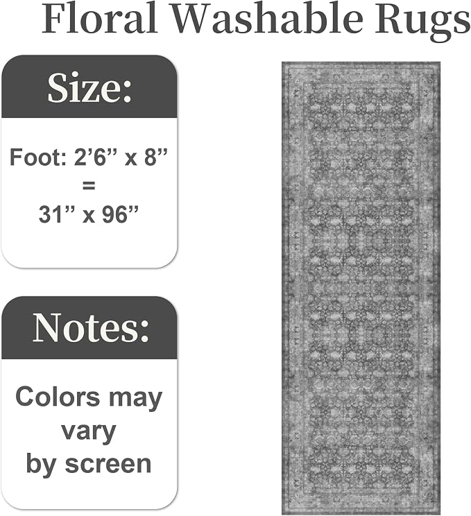 2'6"x8' Washable Runner Rug for Hallway, Non Slip Vintage Floral Long Carpet - Image 2