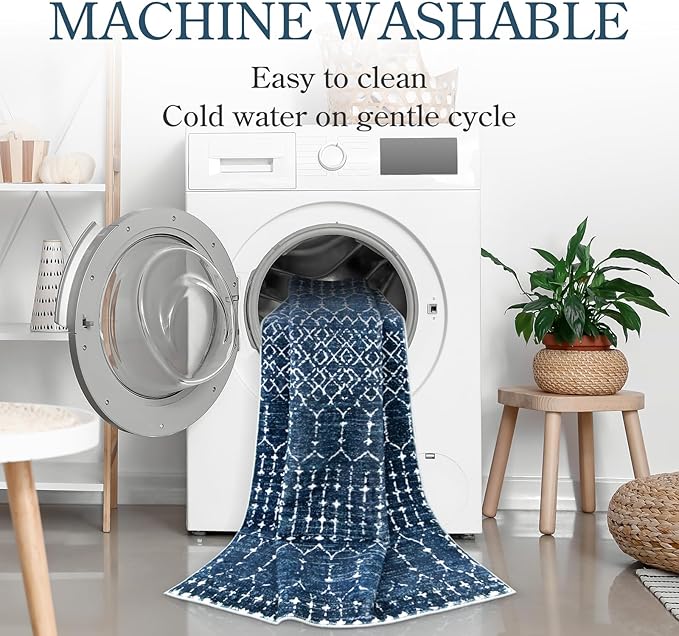 Lahome Moroccan Blue Area Rug 5x7 Machine Washable Non-Slip Throw Living Room - Image 4