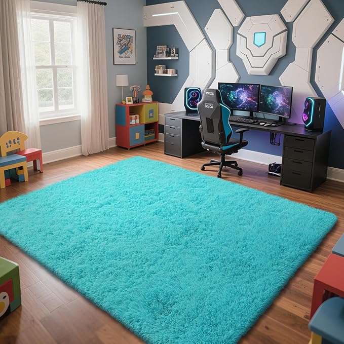 Teal Blue Rug Fluffy Rug, 10x14 Teal Area Rugs - Image 3